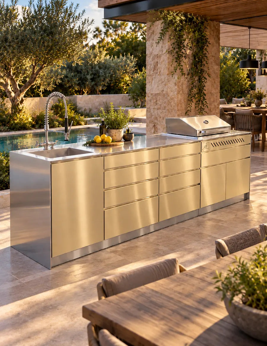 Champagne outdoor kitchen with built-in BBQ by a pool and stone column