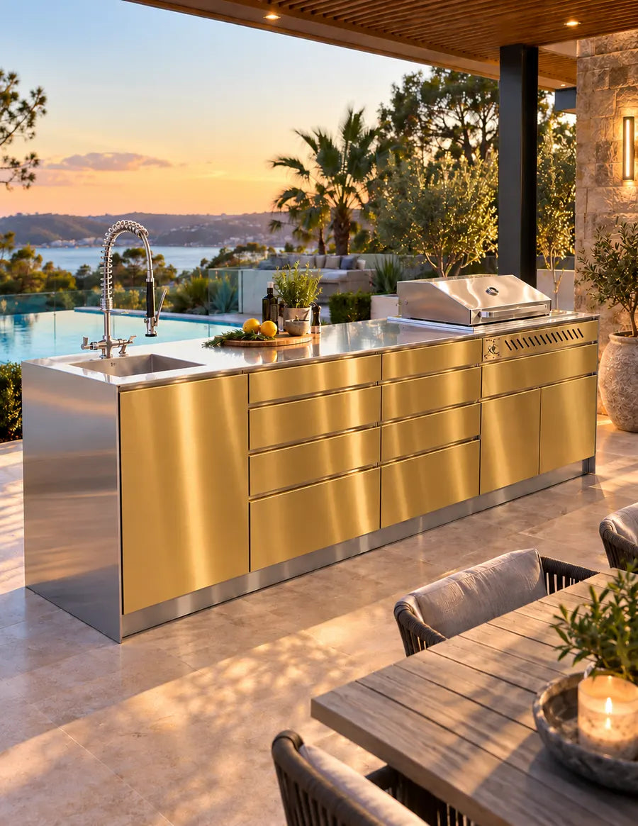 Gold outdoor kitchen with BBQ and sink on a resort-style pool terrace