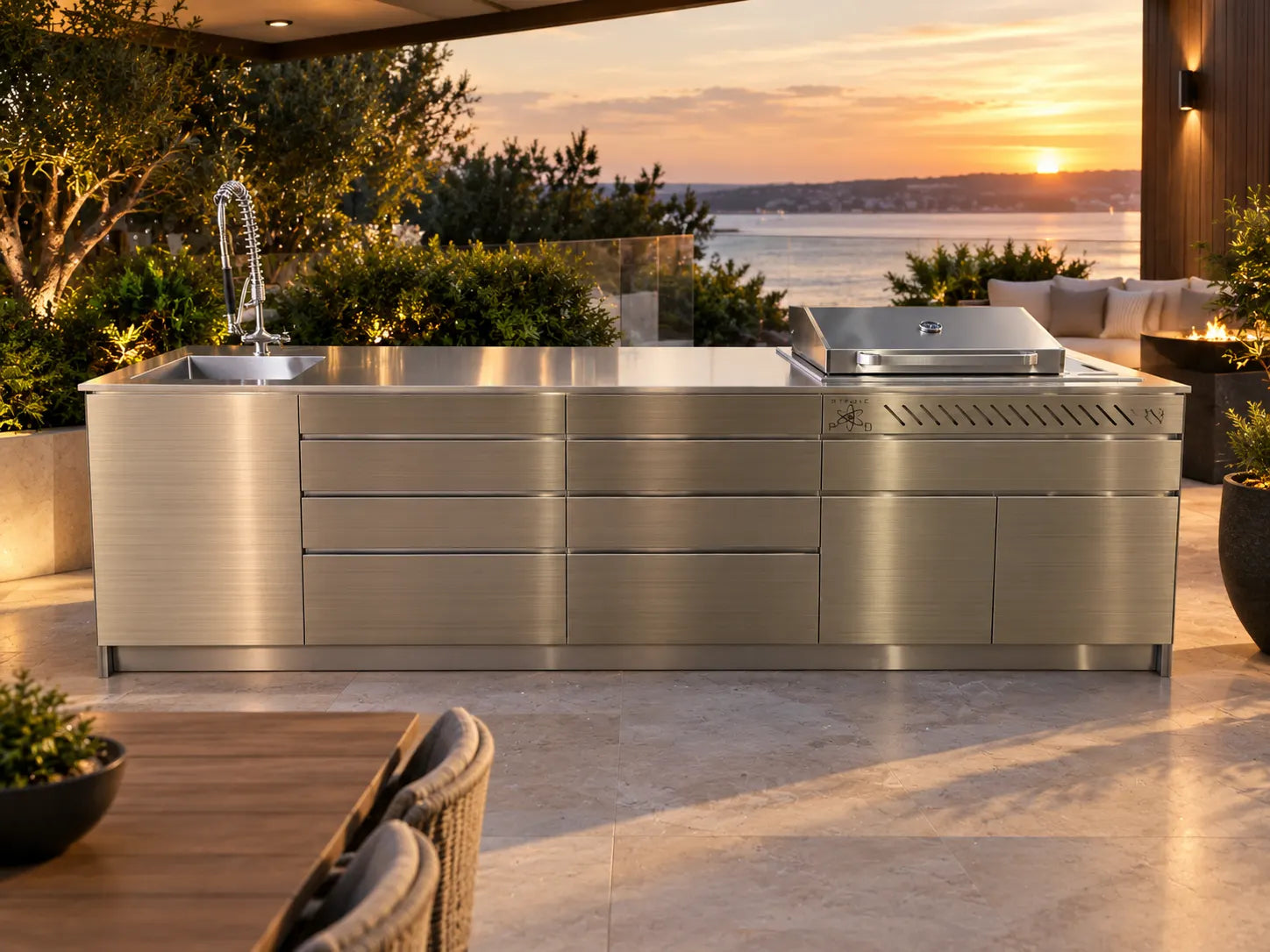 Brushed stainless steel outdoor kitchen with built-in BBQ and sink on a Sydney harbour terrace at sunset